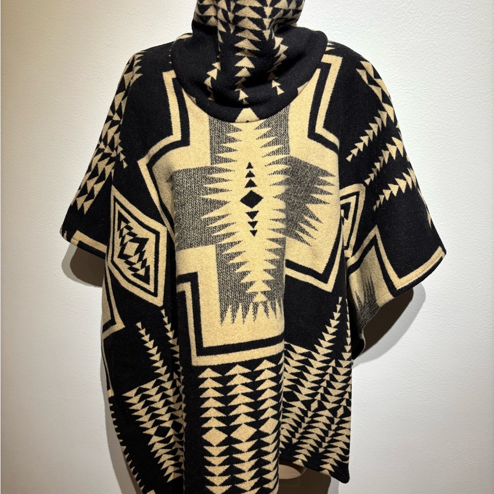 Pendleton Black and Cream Geometric Turtleneck Poncho